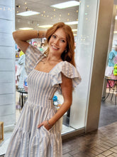 Load image into Gallery viewer, BLUE & WHITE STRIPE SMOCKED DRESS