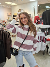 Load image into Gallery viewer, WINE AND WHITE STRIPE MOCKNECK SWEATSHIRT