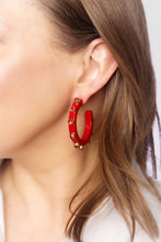 Load image into Gallery viewer, RENEE RESIN RHINESTONE HOOP EARRINGS - RED