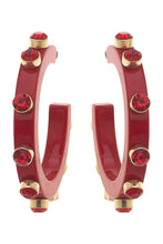 Load image into Gallery viewer, RENEE RESIN RHINESTONE HOOP EARRINGS - RED