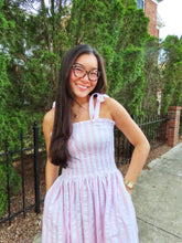Load image into Gallery viewer, PINK STRIPE SMOCKED TIE TOP DRESS