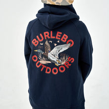 Load image into Gallery viewer, BURLEBO YOUTH FLEECE HOODIE - OLD SCHOOL DUCK HUNT NAVY