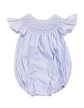 Load image into Gallery viewer, CATHY PEARL PURPLE POLKA DOT SMOCKED BUBBLE