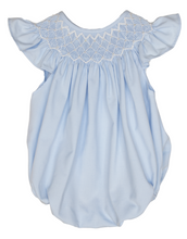 Load image into Gallery viewer, CATHY PEARL BLUE POLKA DOT SMOCKED BUBBLE