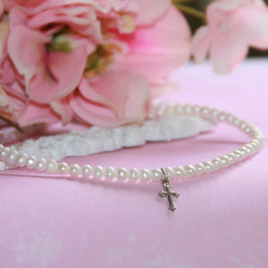 FRESHWATER PEARLS NECKLACE 14" W/ RHODIUM CROSS