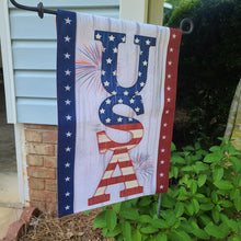 Load image into Gallery viewer, USA FIREWORKS BURLAP GARDEN FLAG
