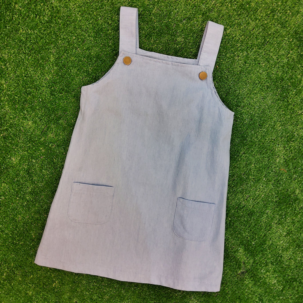 CHAMBRAY JUMPER DRESS WITH POCKETS