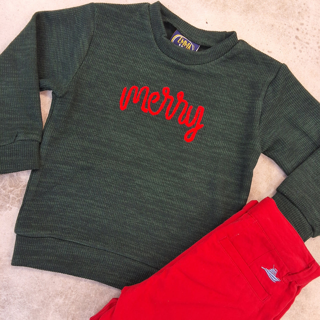 MERRY EMBROIDERY GREEN SWEATER