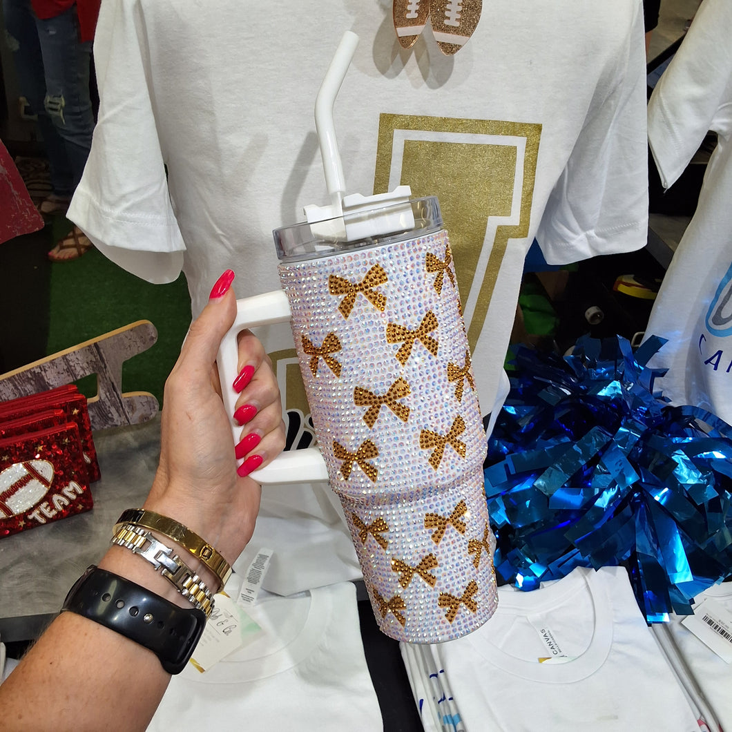 GOLD BOW WHITE SEQUIN TUMBLER 30oz.