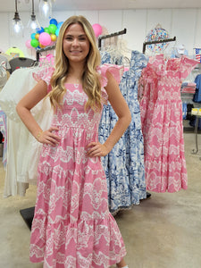PINK OASIS FLUTTER SLEEVE DRESS