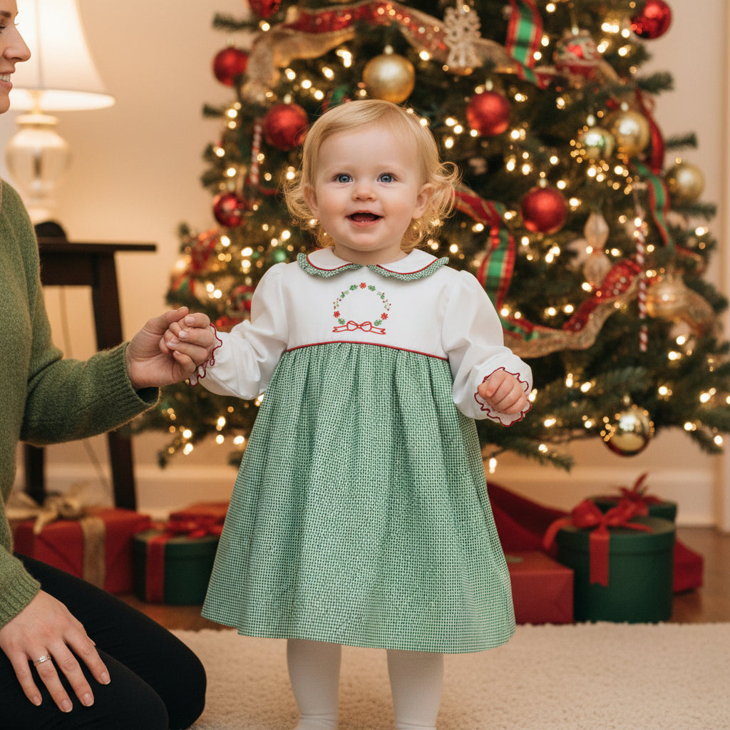 INFANT HOLIDAY WREATH EMBROIDERED DRESS