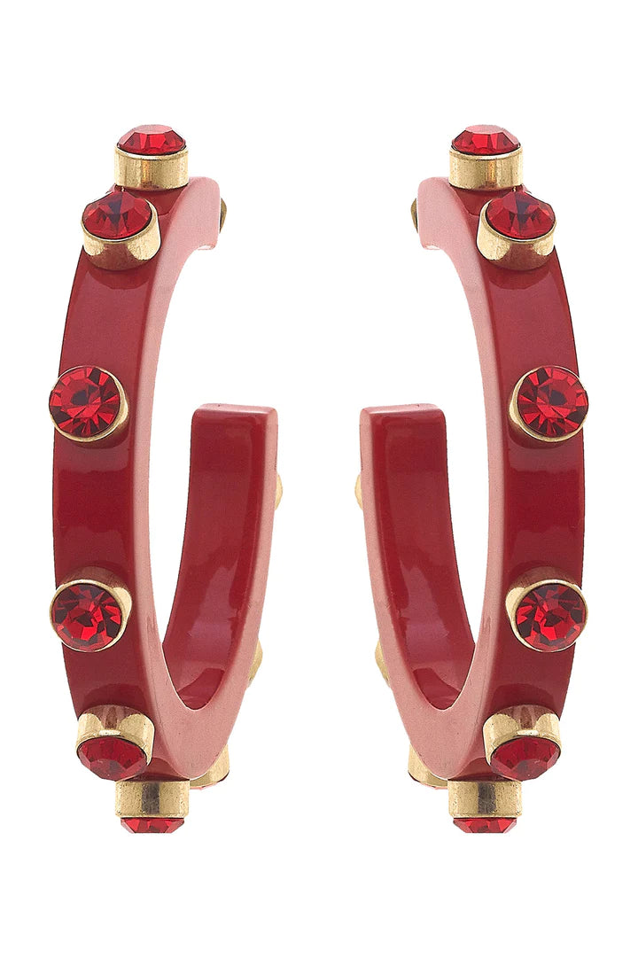 RENEE RESIN RHINESTONE HOOP EARRINGS - RED