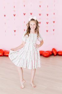 ROSEBUD BOWS SMOCKED RUFFLE DRESS