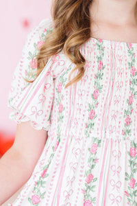 ROSEBUD BOWS SMOCKED RUFFLE DRESS