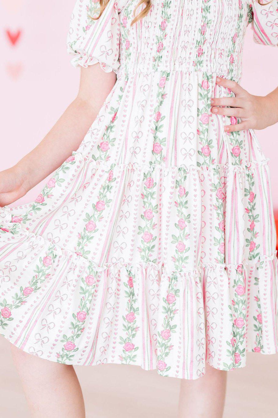 ROSEBUD BOWS SMOCKED RUFFLE DRESS