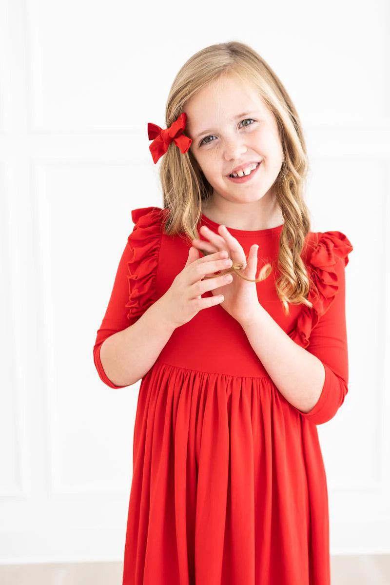 RED 3/4 RUFFLE TWIRL DRESS