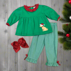 GIRLS SANTA PUP APPLIQUE PANT SET