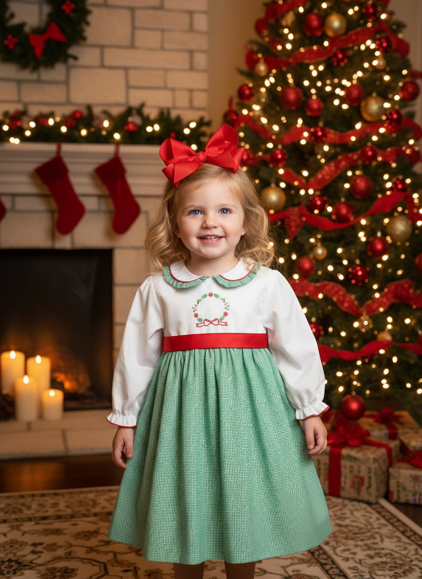 TODDLER HOLIDAY WREATH EMBROIDERED DRESS