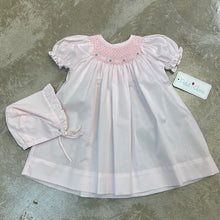 Load image into Gallery viewer, PINK ROSETTE DRESS/BONNET - NB
