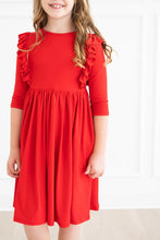 Load image into Gallery viewer, RED 3/4 RUFFLE TWIRL DRESS
