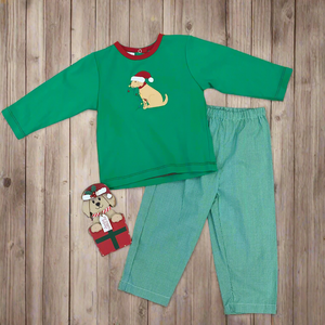 BOY'S SANTA PUP APPLIQUE PANT SET