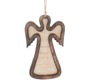 WOOD AND BURLAP ANGEL SHAPE ORNAMENT