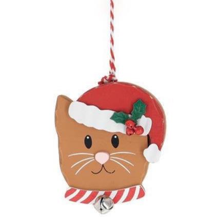 WOODEN CAT ORNAMENTS WITH SANTA HAT