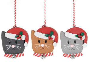 WOODEN CAT ORNAMENTS WITH SANTA HAT