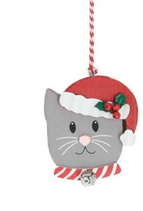 WOODEN CAT ORNAMENTS WITH SANTA HAT