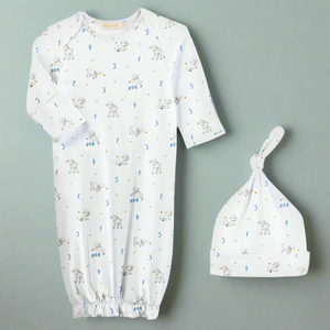 COUNTING BABY SHEEP PRINTED GOWN & HAT SET