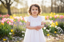 Load image into Gallery viewer, WHITE GEORGETTE BISHOP DRESS ROSES AND RUFFLES
