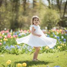 Load image into Gallery viewer, WHITE GEORGETTE BISHOP DRESS ROSES AND RUFFLES
