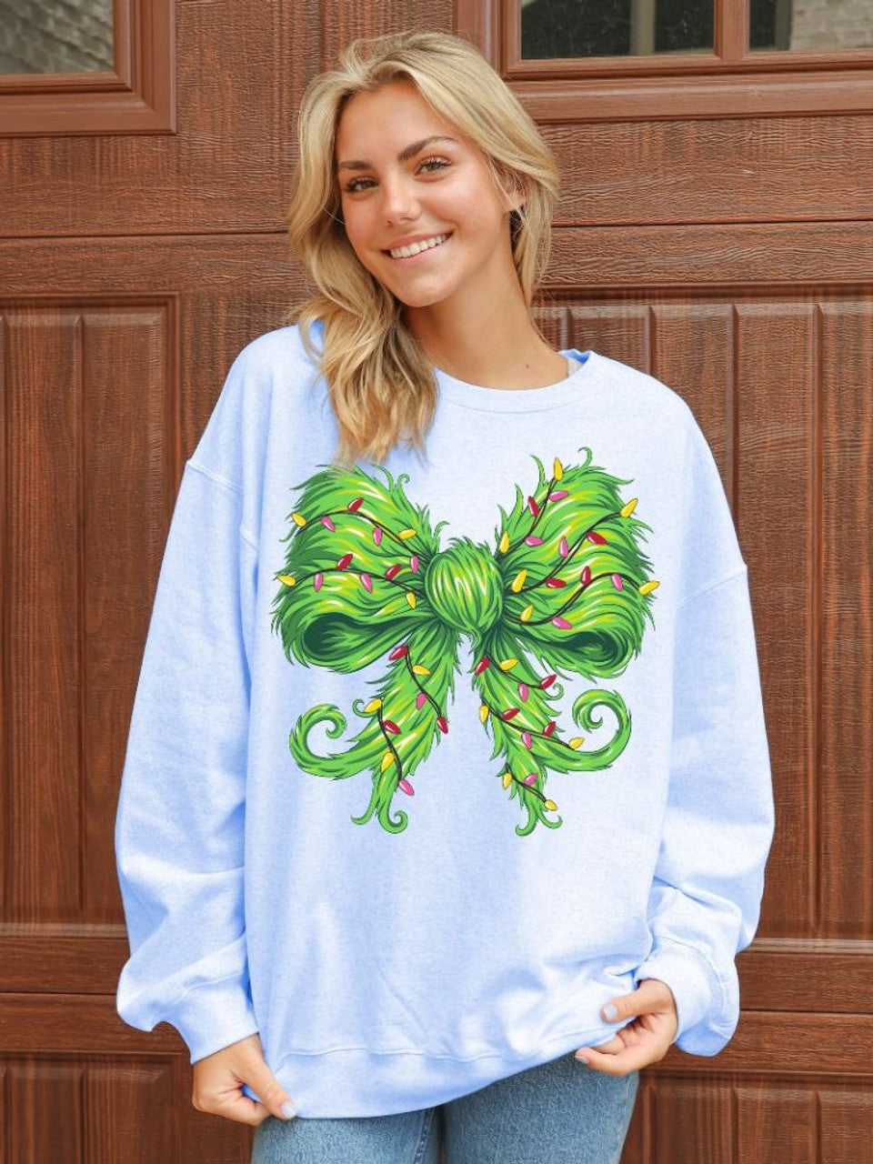 HOLIDAY GREEN BOW CREW SWEATSHIRT