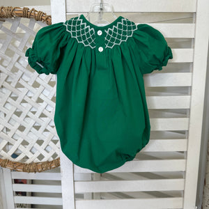 CATHERINE HUNTER GREEN SMOCKED BUBBLE/W WHITE PEARLS