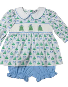 CHRISTMAS TREE SMOCKED BLOOMER SET