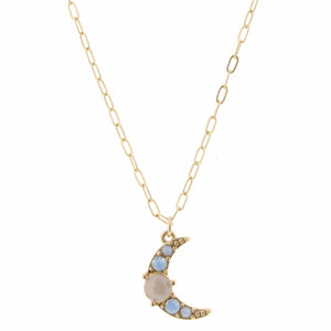 GOLD CHAIN W/ MOONTSTONE & EMB MOON CHARM ADJUSTABLE NECKLACE