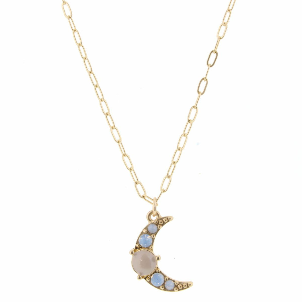 GOLD CHAIN W/ MOONTSTONE & EMB MOON CHARM ADJUSTABLE NECKLACE