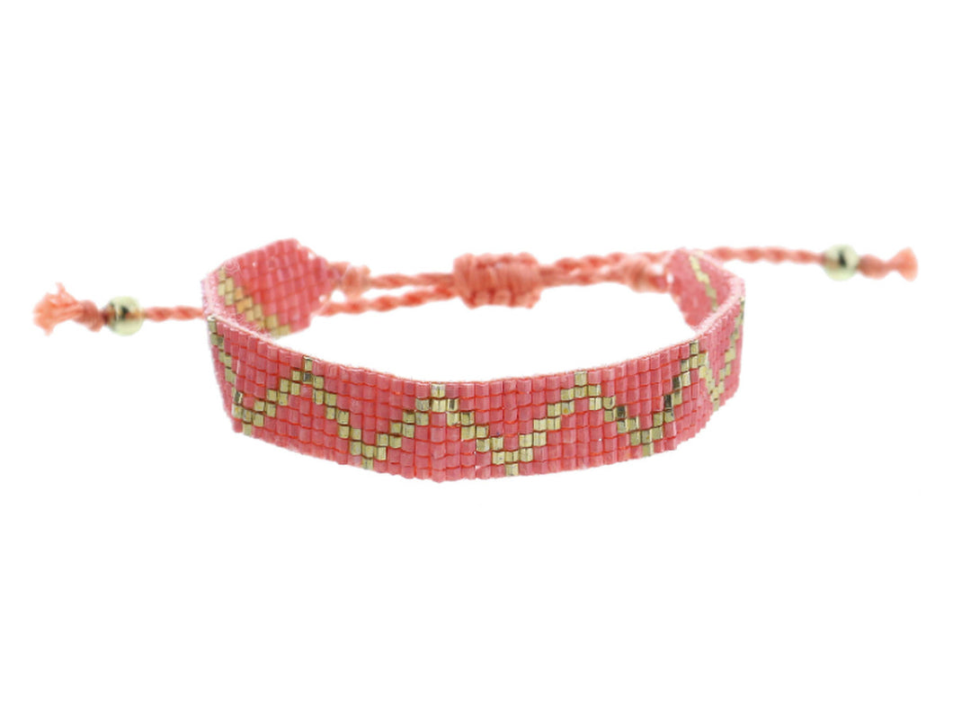 KIDS CORAL & GOLD ZIGZAG WOVEN BEADED BAND BRACELET