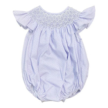 Load image into Gallery viewer, CATHY PEARL PURPLE POLKA DOT SMOCKED BUBBLE
