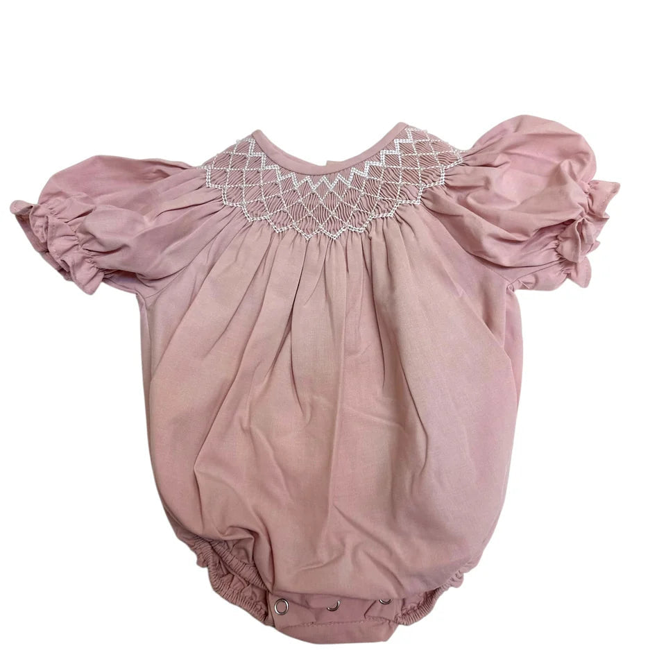 CATHERINE DUSTY PINK SMOCKED BUBBLE/W WHITE PEARLS