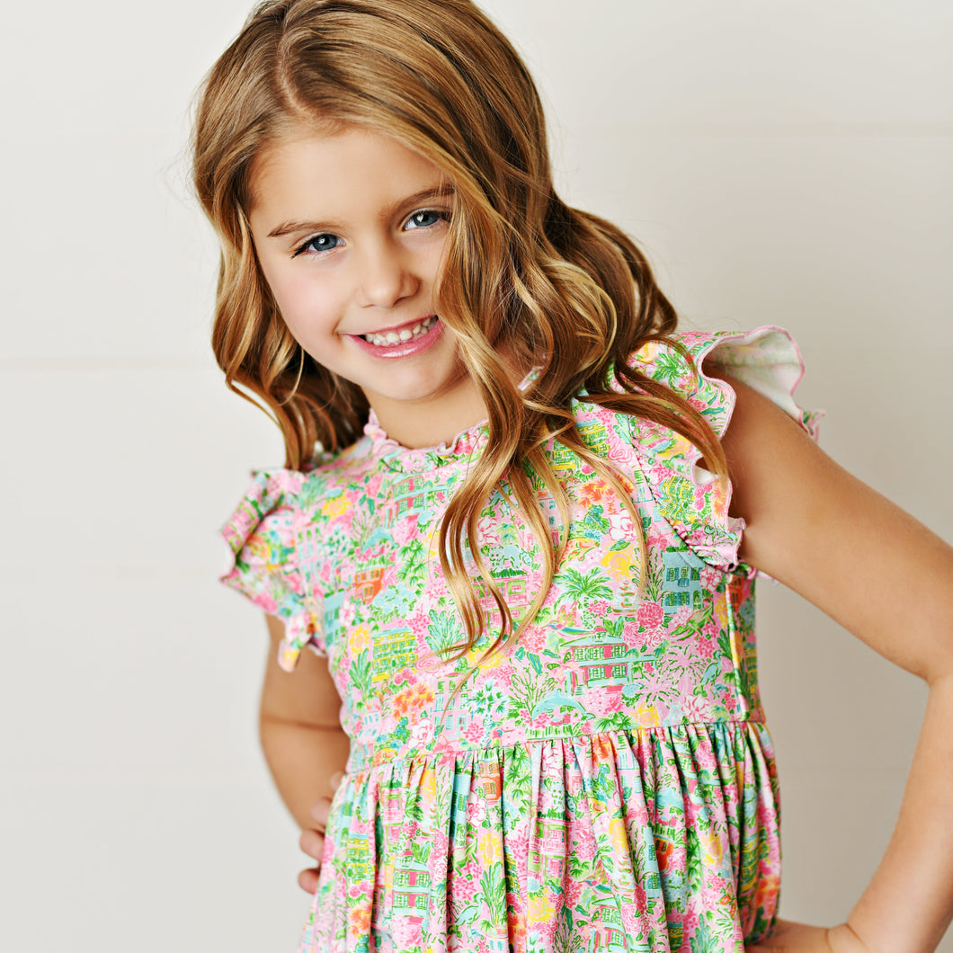 TROPICAL PARADISE FLUTTER DRESS