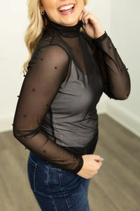 MESH TOP WITH PEARL DETAIL - BLACK