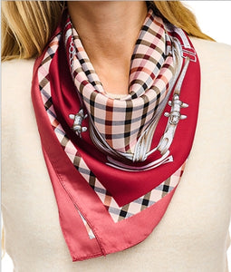 CHAIN BORDER PLAID BURGUNDY PRINT SILKY SCARF