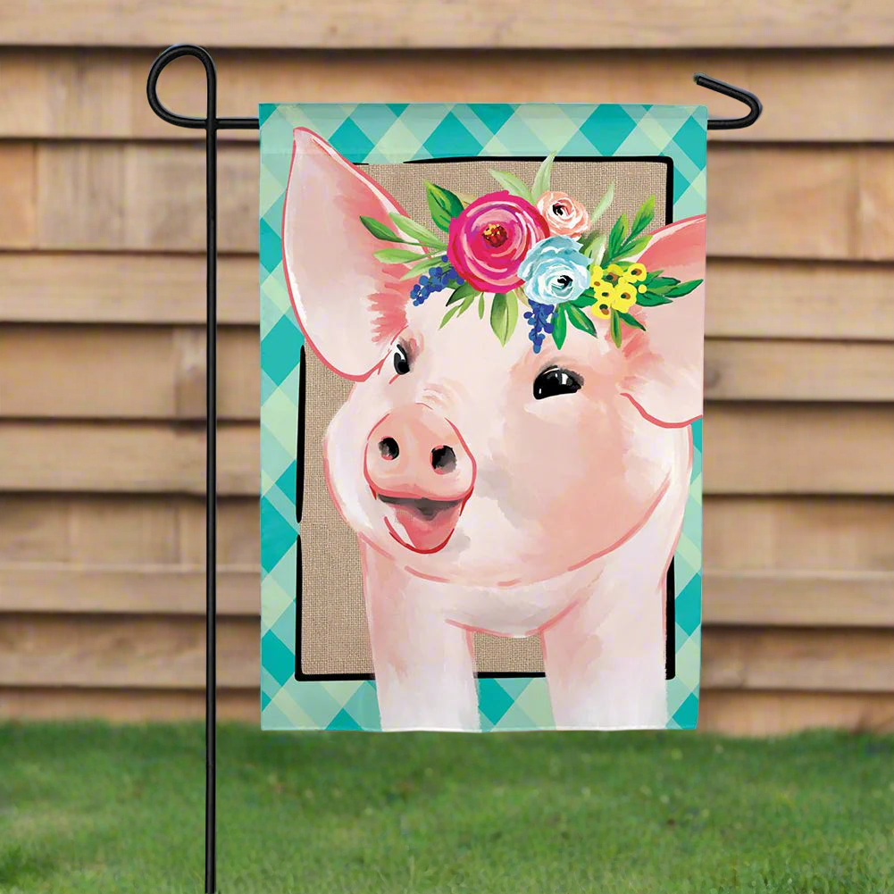 FLORAL CROWNED PIG GARDEN FLAG