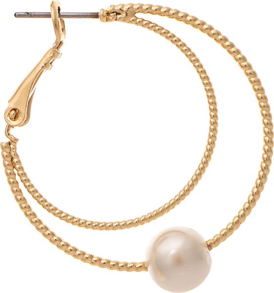 Gold Texture Wire Faux Pearl Hoop Earring