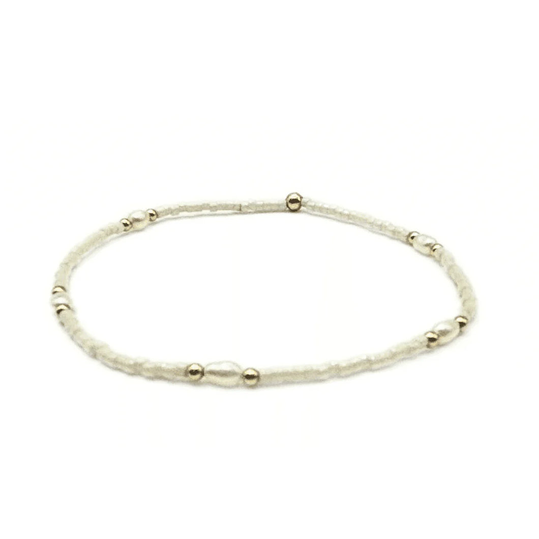 2mm GOLD-FILLED & NATURAL RICE PEARLS WATERPROOF BRACELET-WHITE