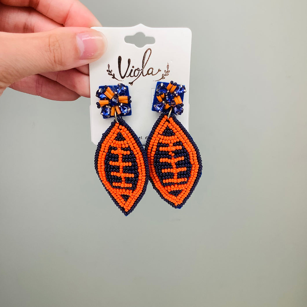 BEADED FOOTBALL EARRINGS NAVY/ORANGE