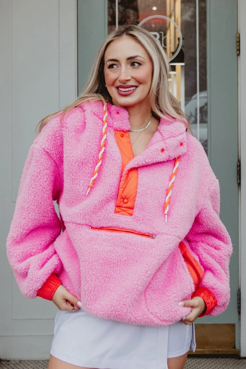 TWO-TONED SHERPA PULLOVER - PINK