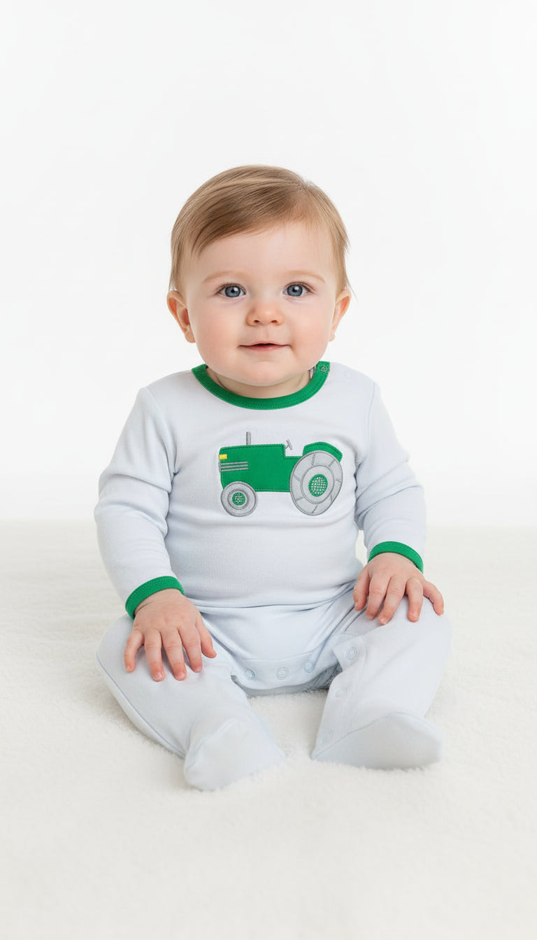 GREEN TRACTOR APPLIQUE LONGALL ROMPER