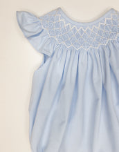 Load image into Gallery viewer, CATHY PEARL BLUE POLKA DOT SMOCKED BUBBLE
